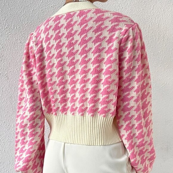Pink Preppy Womens Houndstooth Pattern Lantern Sleeve Cardigan - Picture 2 of 5